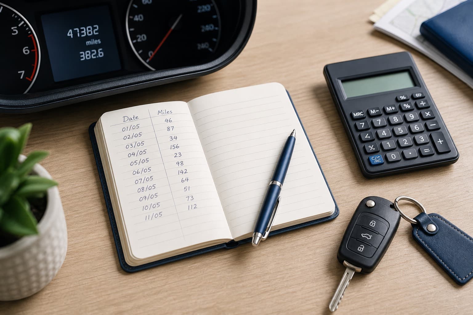 Car odometer and a notebook logging business mileage beside a calculator