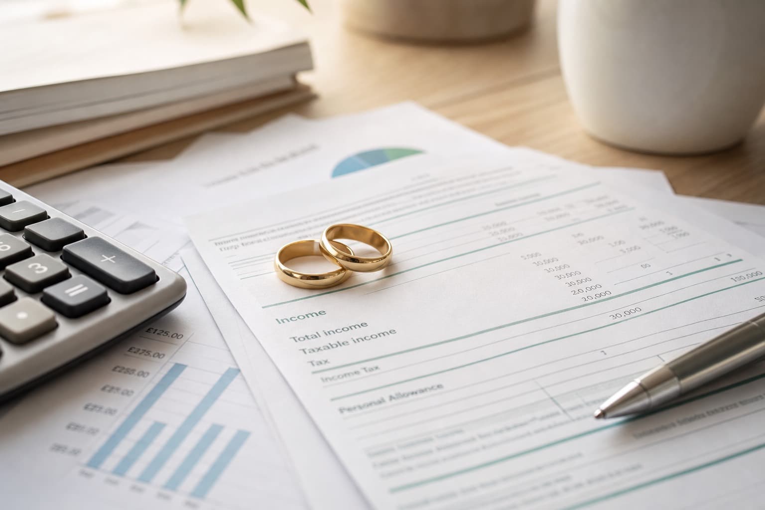 Two wedding rings resting on a tax form beside a calculator